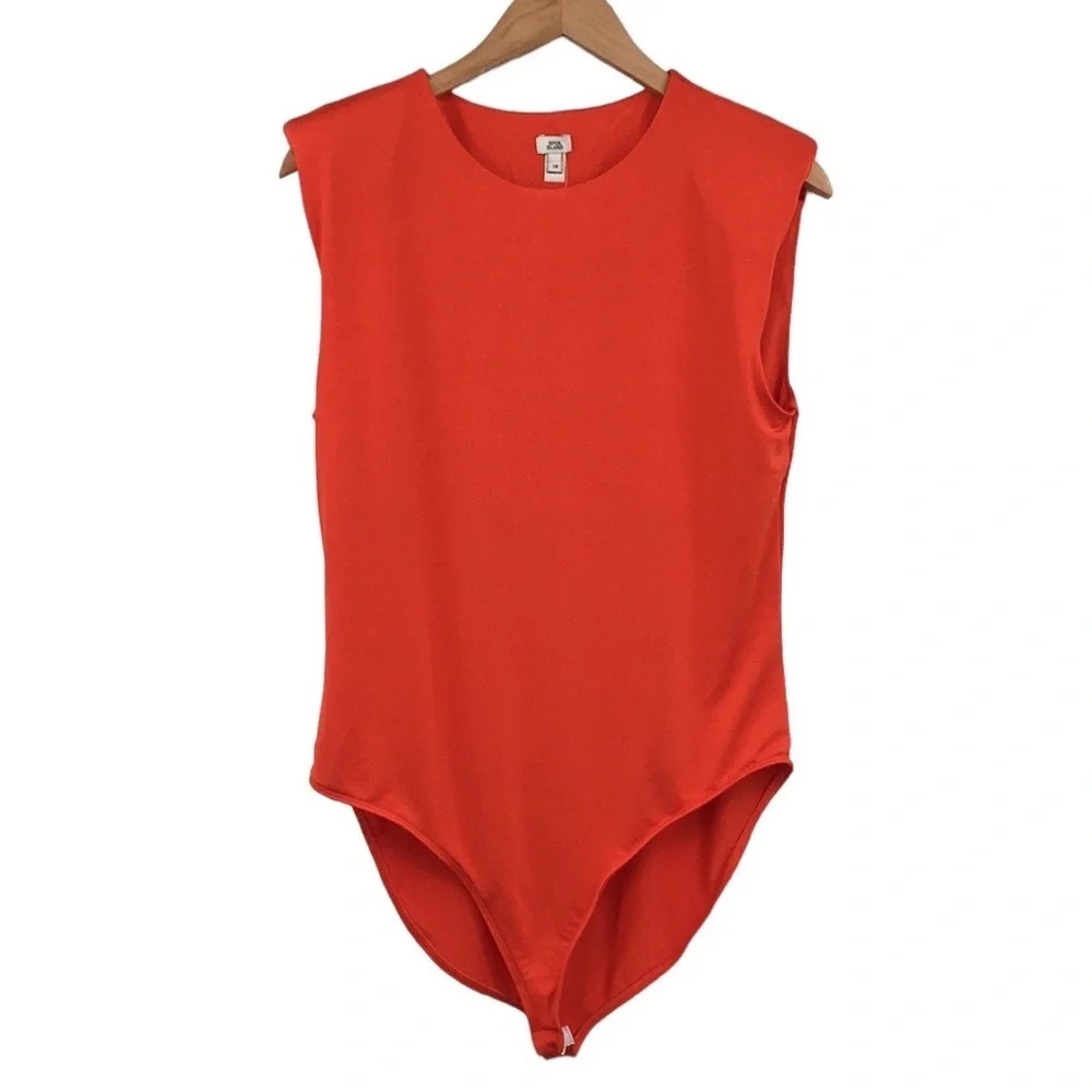 River Island Bodysuit Womens 18 Orange Crew Neck Knitted Body Padded Shoulders
